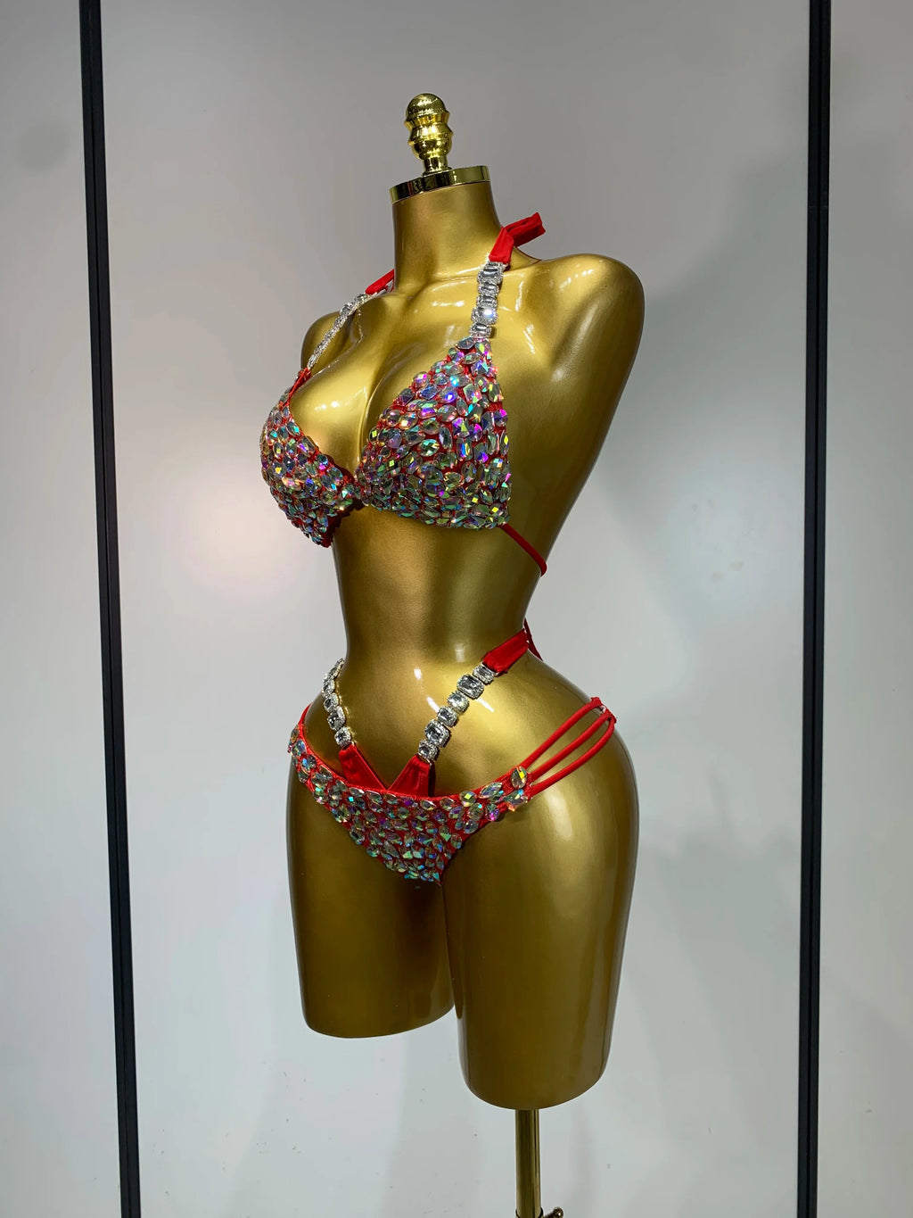 Women Crystal Rhinestone Halter Bikini Stage Performance Costume Set