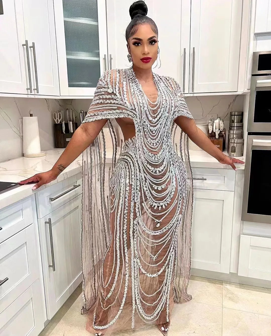 Women's Latin Dance Gown with Rhinestone Appliqué, Long Prom & Stage Dress