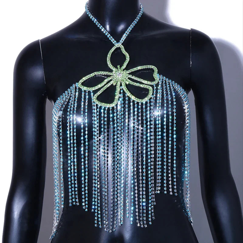 Rhinestone Tassel Flower Bralette Body Chain – Crystal Fringe Chest Harness Bra Chain in Gold or Silver