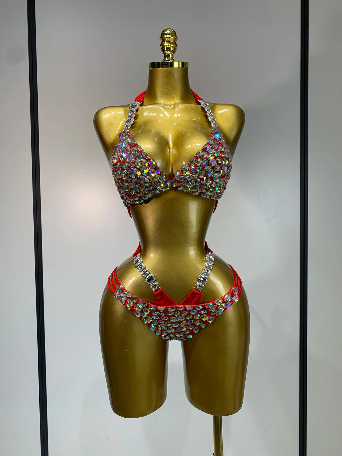 Women Crystal Rhinestone Halter Bikini Stage Performance Costume Set