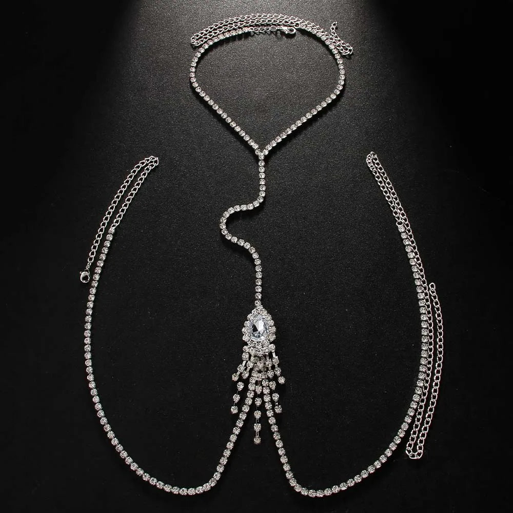 Water Drop Tassel Chest Chain – Boho Rhinestone Body Chain Necklace for Women, Beach & Festival Jewelry
