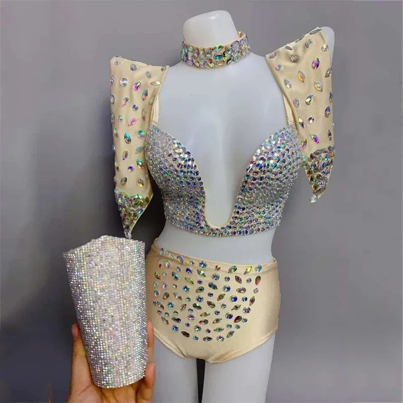 Multicolor Rhinestone Bra, Shorts & Gloves Dance Costume Set