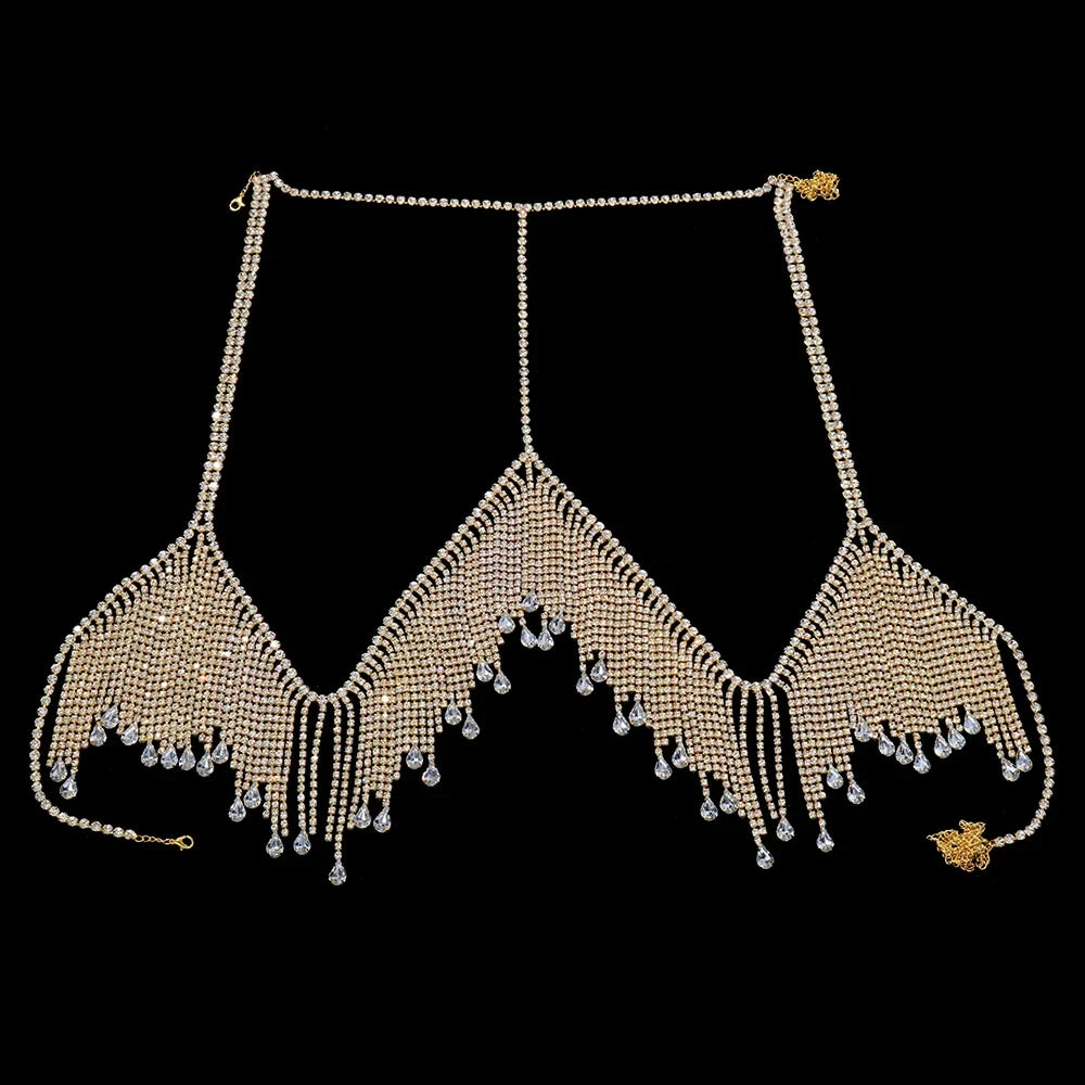 Rhinestone Tassel Bikini Chest Chain - Sexy Bohemian Beach Body Jewelry in Gold & Silver