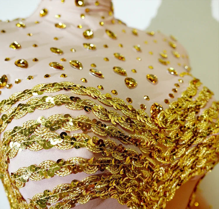 Crystal Rhinestone Mesh Long Sleeve Vintage Inspired Dress with Sequins and Skirt