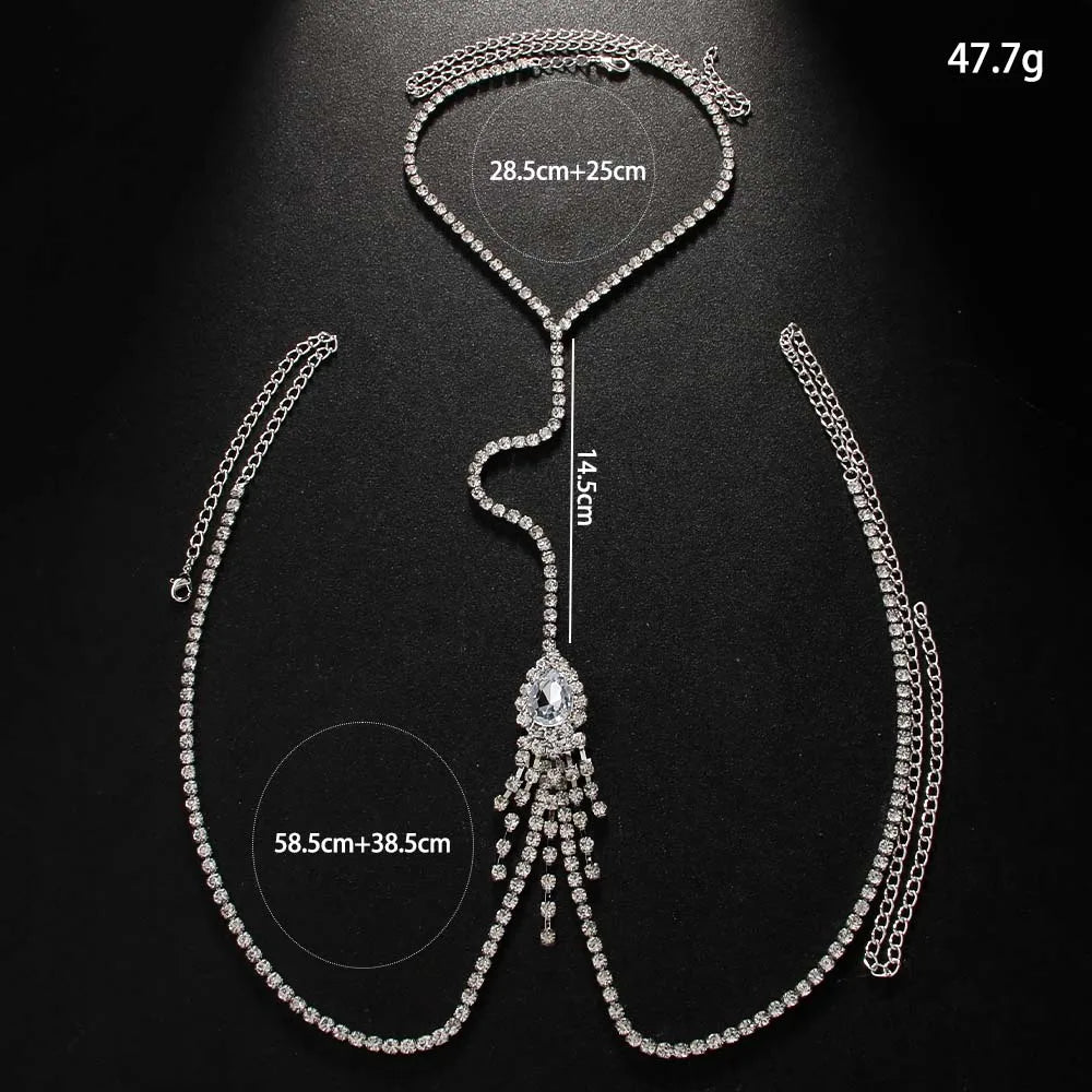 Water Drop Tassel Chest Chain – Boho Rhinestone Body Chain Necklace for Women, Beach & Festival Jewelry