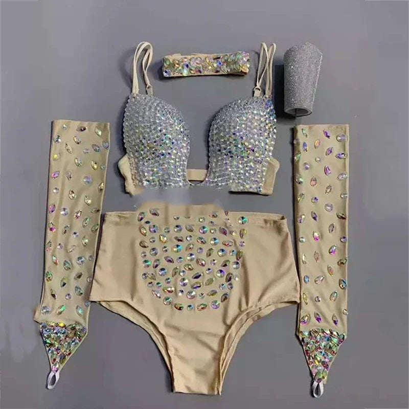 Multicolor Rhinestone Bra, Shorts & Gloves Dance Costume Set