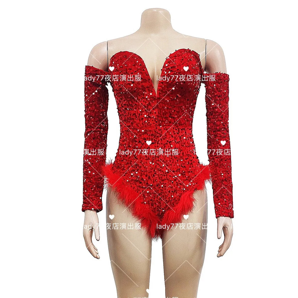Sequin Feather Bodysuit Dress – High-Slit Gogo Dance & Nightclub Costume