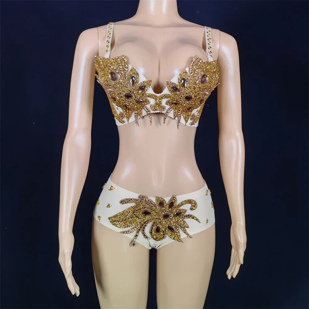 Sexy Golden Rhinestone Bikini Set – Women's Pole Dance, GoGo & Nightclub Stage Costume