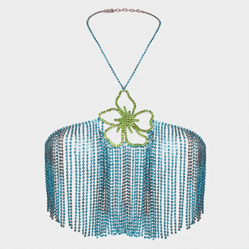 Rhinestone Tassel Flower Bralette Body Chain – Crystal Fringe Chest Harness Bra Chain in Gold or Silver
