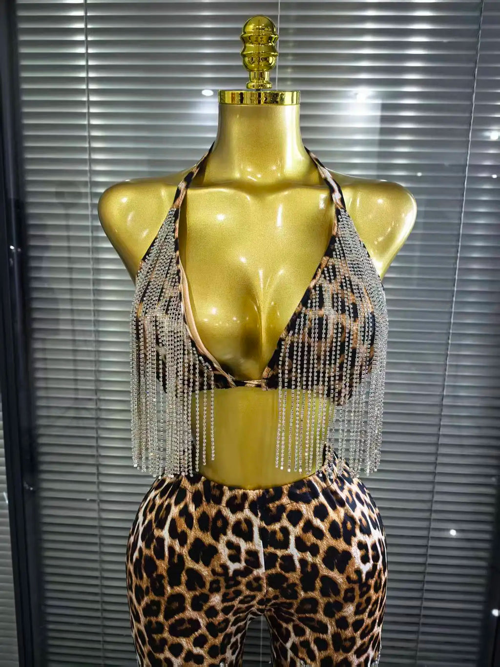 Women's Leopard Print Diamond Chain 2-Piece Bodycon Set | Slim Sequin Outfit for Nightclub & Stage