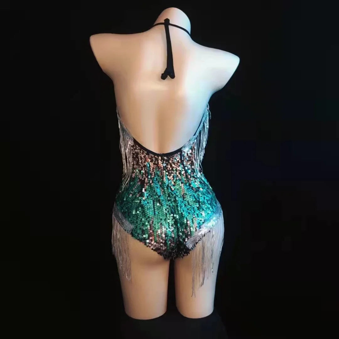 Sequin Fringe Halter Bodysuit – Sexy Hollow-Out Pole Dance & Rave Costume