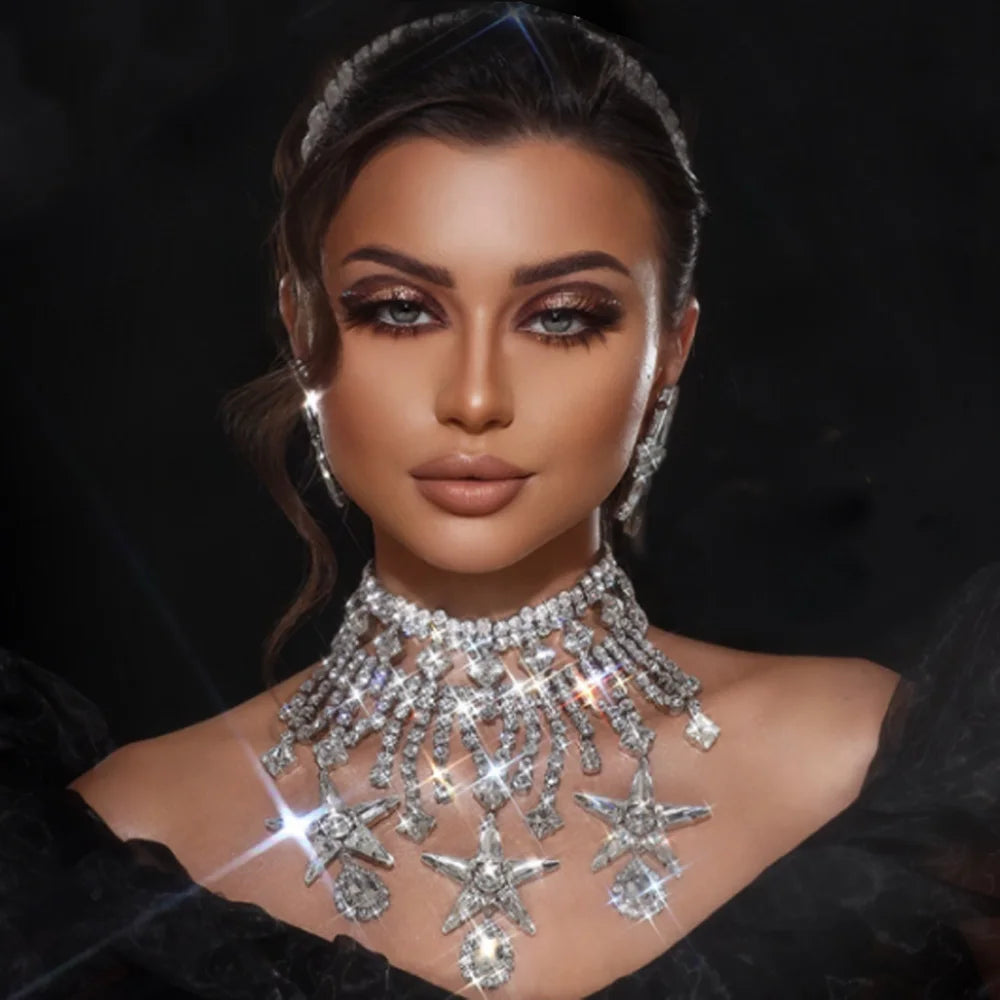 Pentagram Rhinestone Necklace & Earrings Set | Bridal Jewelry