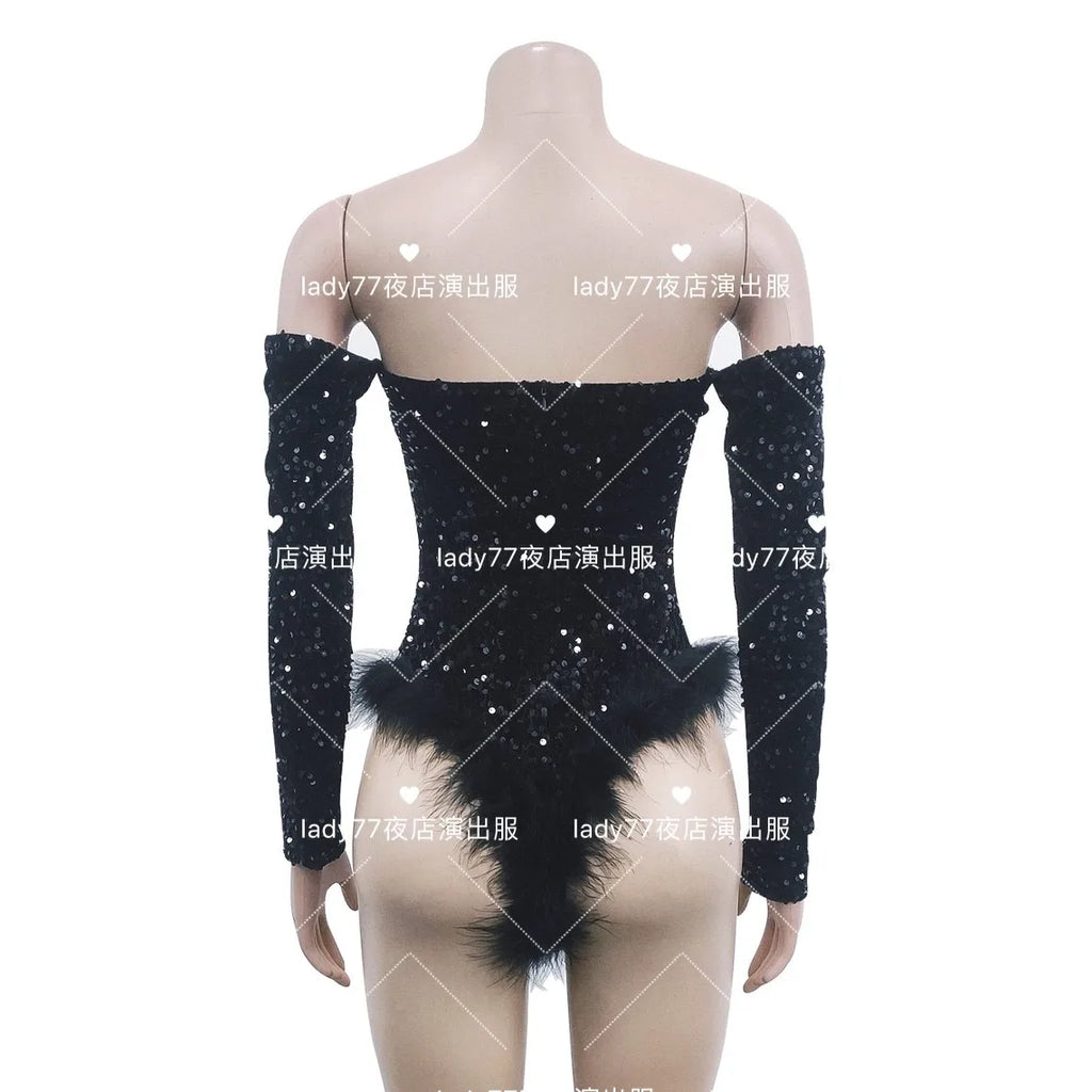 Sequin Feather Bodysuit Dress – High-Slit Gogo Dance & Nightclub Costume