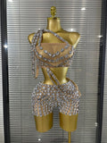 Silver Crystal Perspective Two Pieces Costume Set Performance Dancer Singer Nightclub Women's Outfit