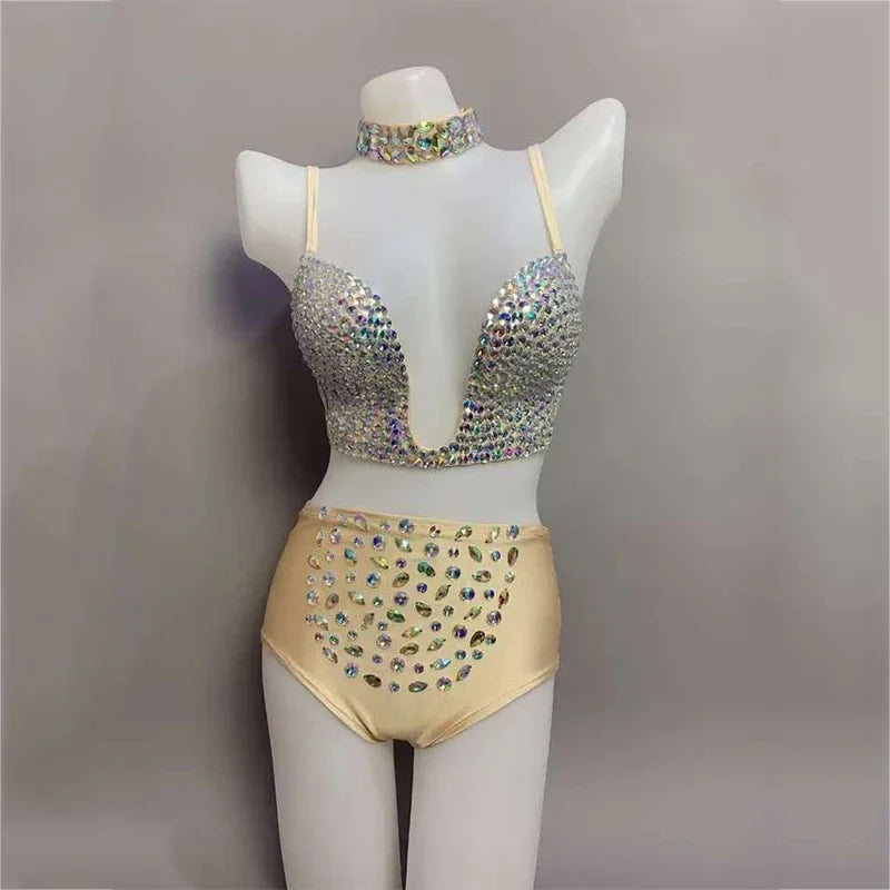 Multicolor Rhinestone Bra, Shorts & Gloves Dance Costume Set