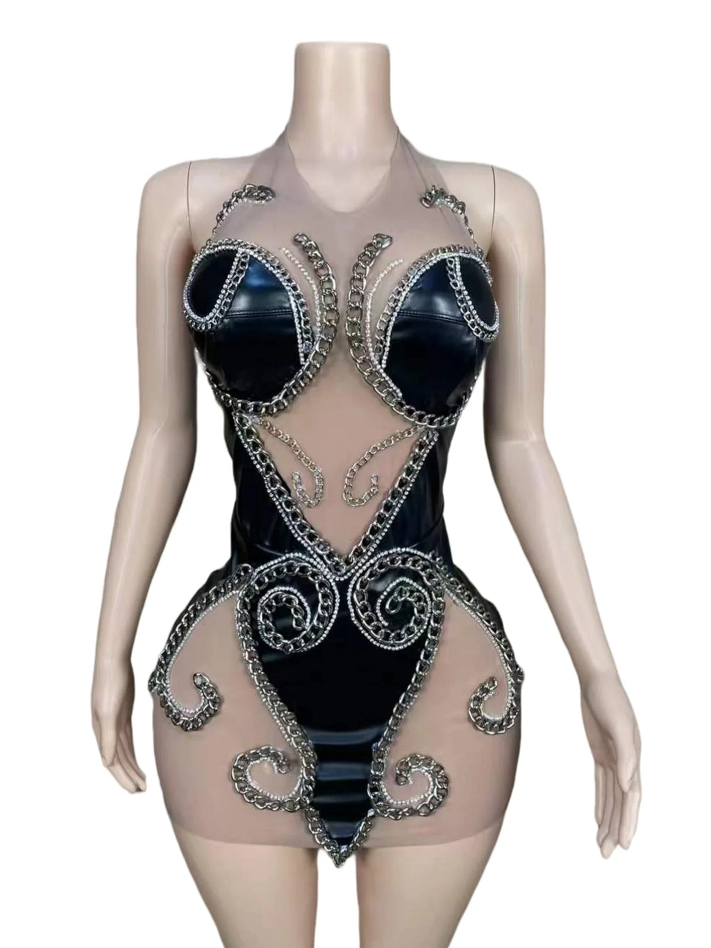 Black Mesh Chain Backless Dress for Women | Showgirl Stage Costume
