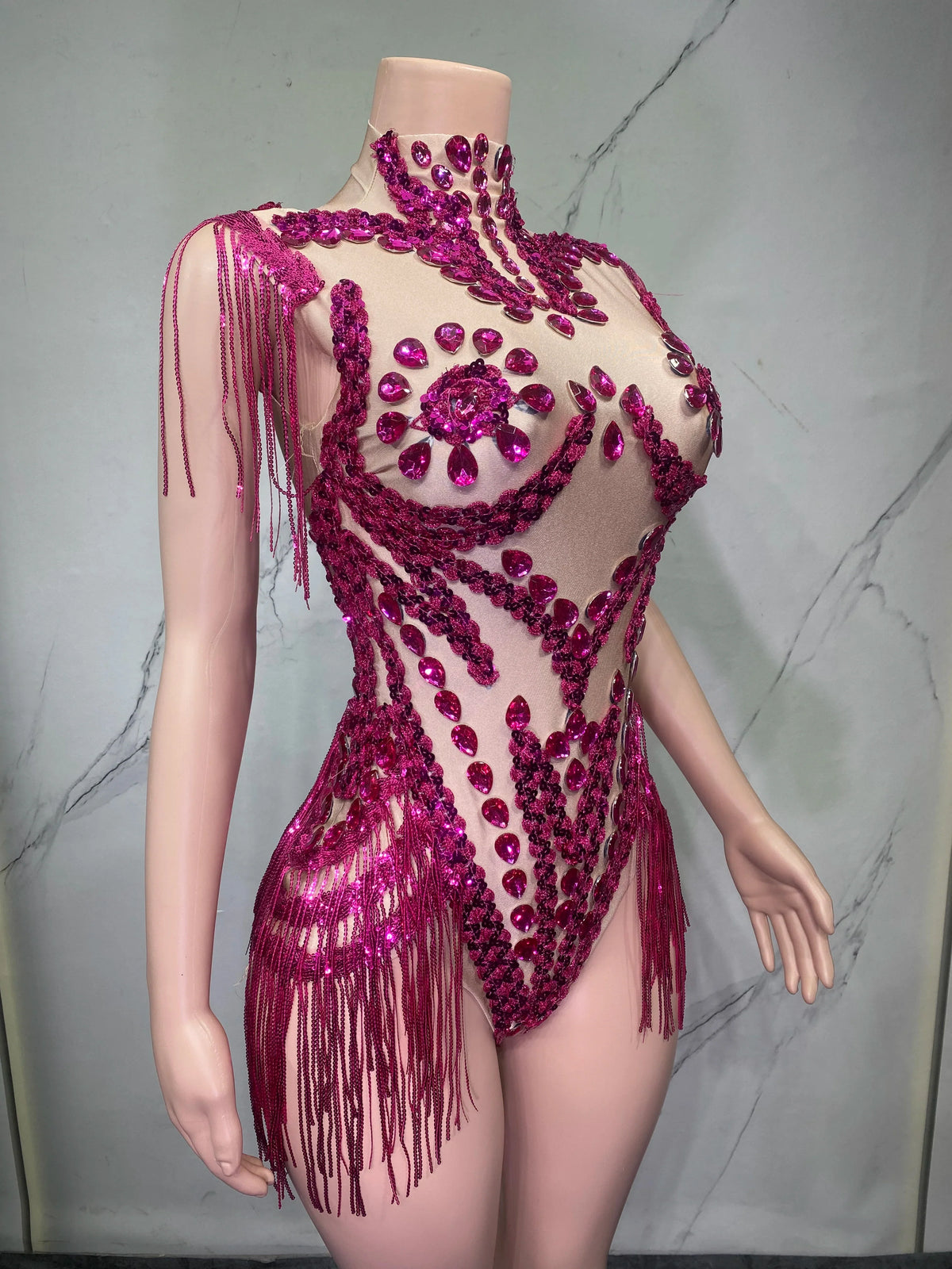 Sheer Mesh Rhinestone Performance Bodysuit for Women