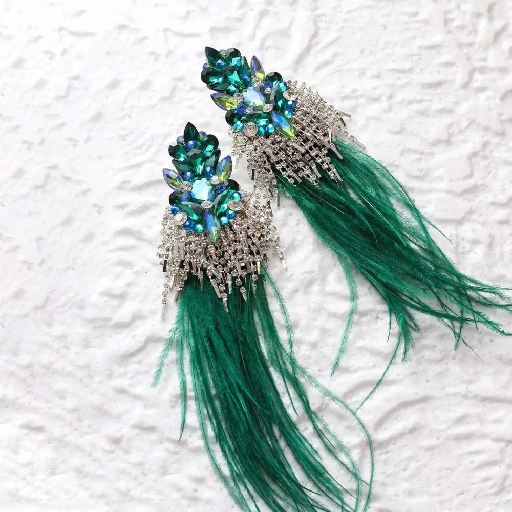 Vintage-Inspired Green Feather Exaggerated Tassel Statement Earrings