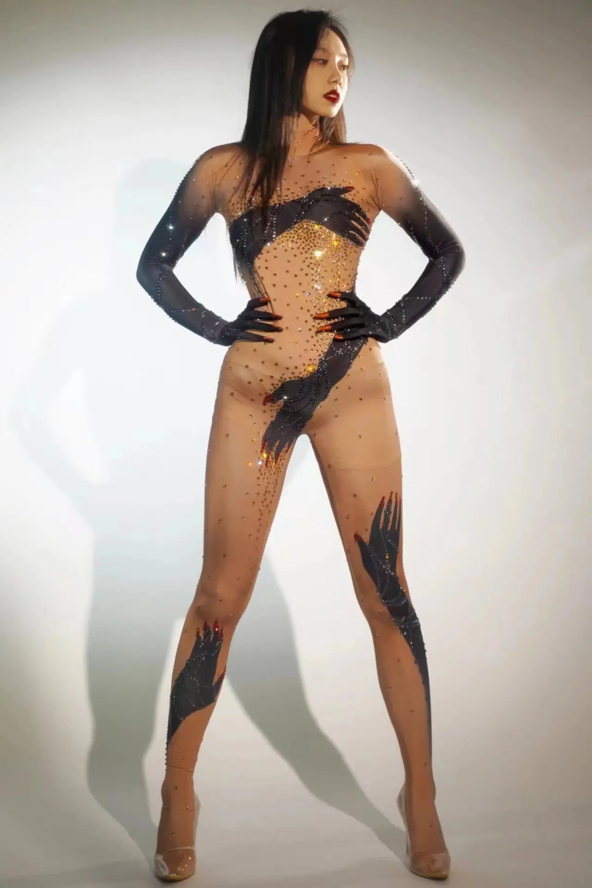 Sparkly Rhinestone Stretchy Jumpsuit with Long Sleeve Gloves – Women's Tights Singer & Dancer Stage Performance Costume