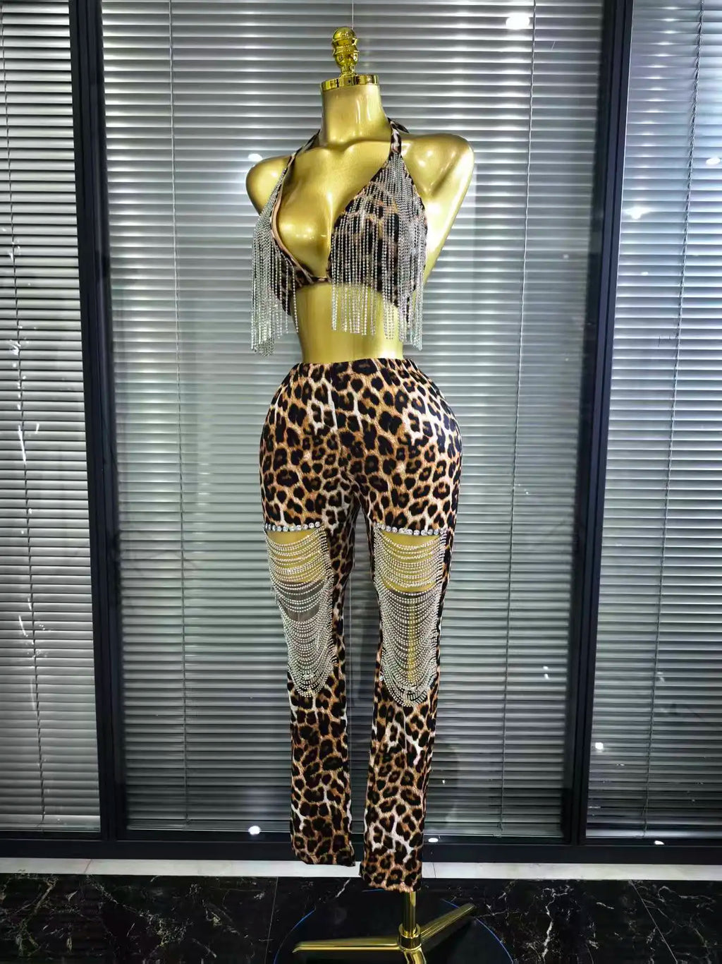 Women's Leopard Print Diamond Chain 2-Piece Bodycon Set | Slim Sequin Outfit for Nightclub & Stage