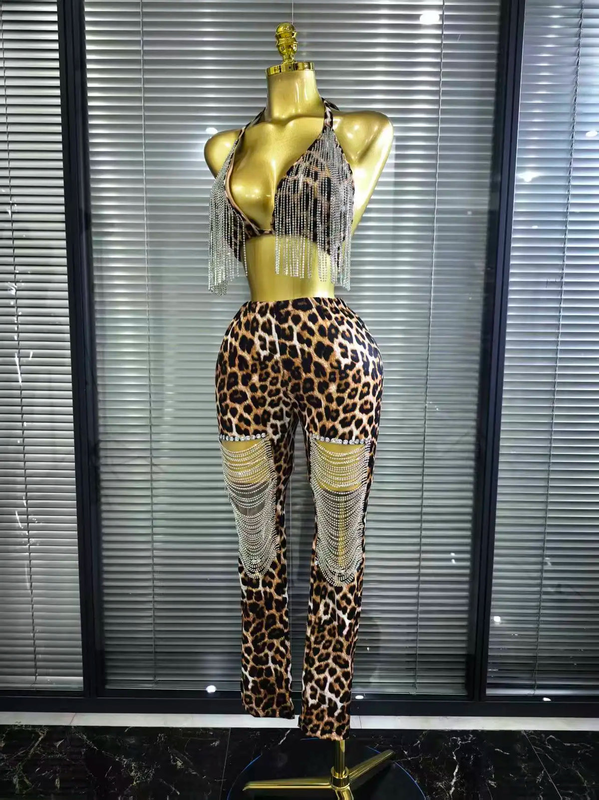 Women's Leopard Print Diamond Chain 2-Piece Bodycon Set | Slim Sequin Outfit for Nightclub & Stage