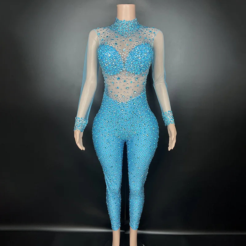 Women's Rhinestone Mesh Jumpsuit | Sheer Party & Stage Outfit