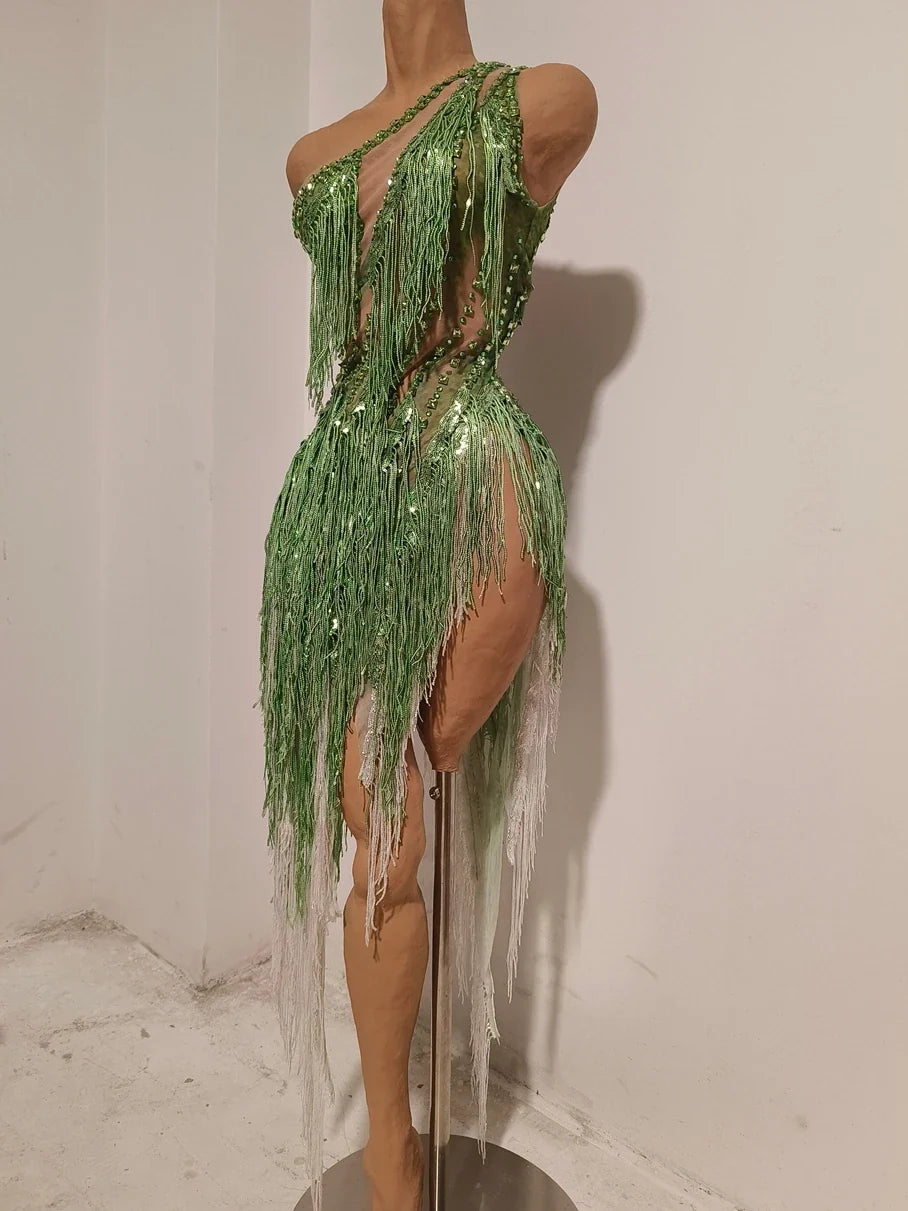 Sparkly Rhinestone Sequin Tassel Dress – Women's Sexy Birthday, Stage & Dance Performance Costume