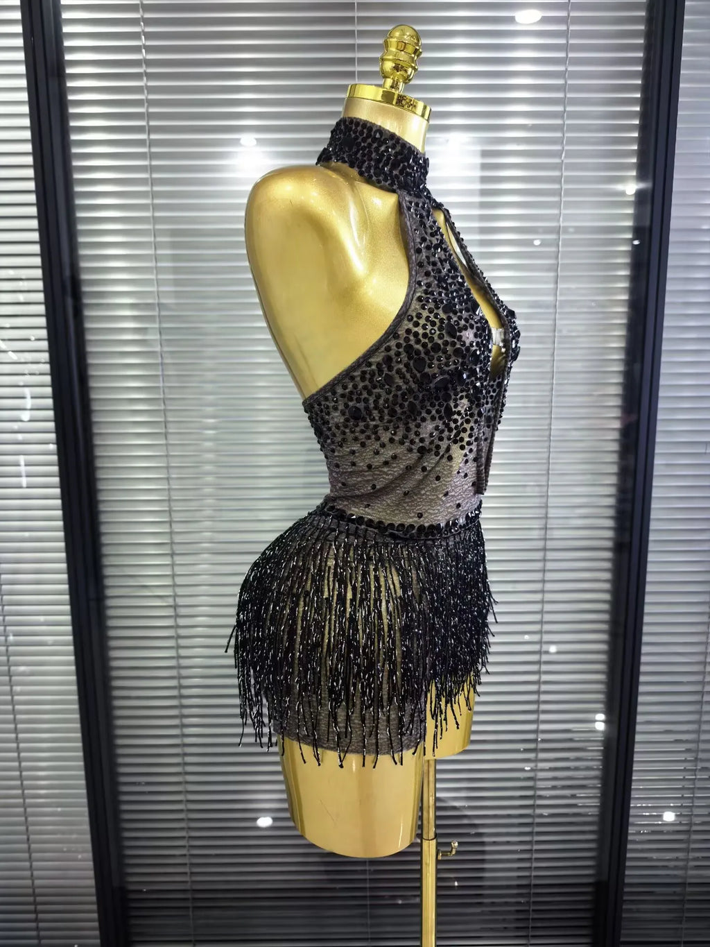 Women Sexy Mesh See Through Shining Sequins Tassels Bodycon Bodysuit Nightclub Party Celebrate Performance Costumes