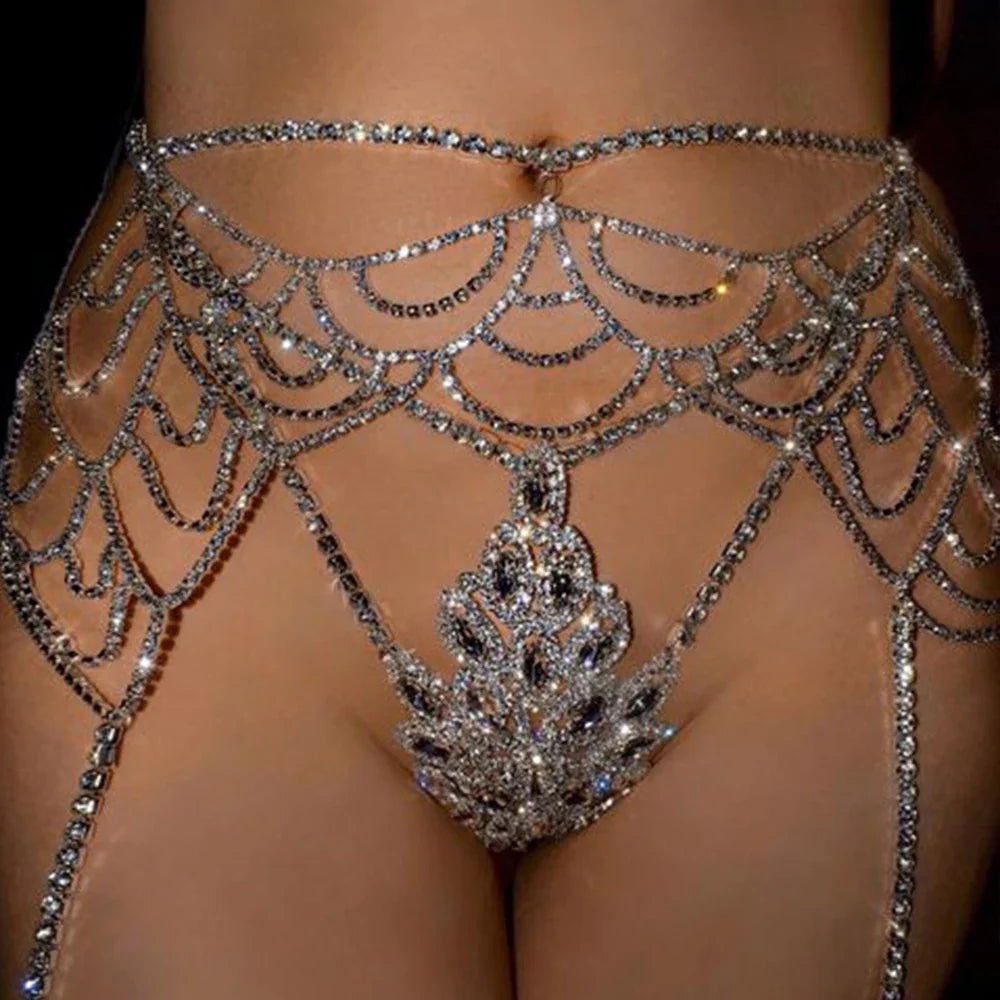 Rhinestone Waist Chain & Crystal Thong Set | Gold or Silver Body Jewelry