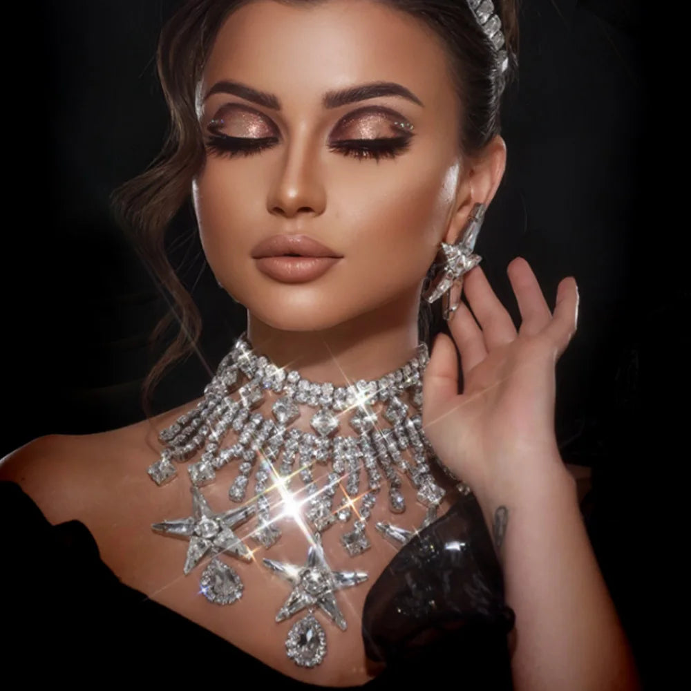 Pentagram Rhinestone Necklace & Earrings Set | Bridal Jewelry