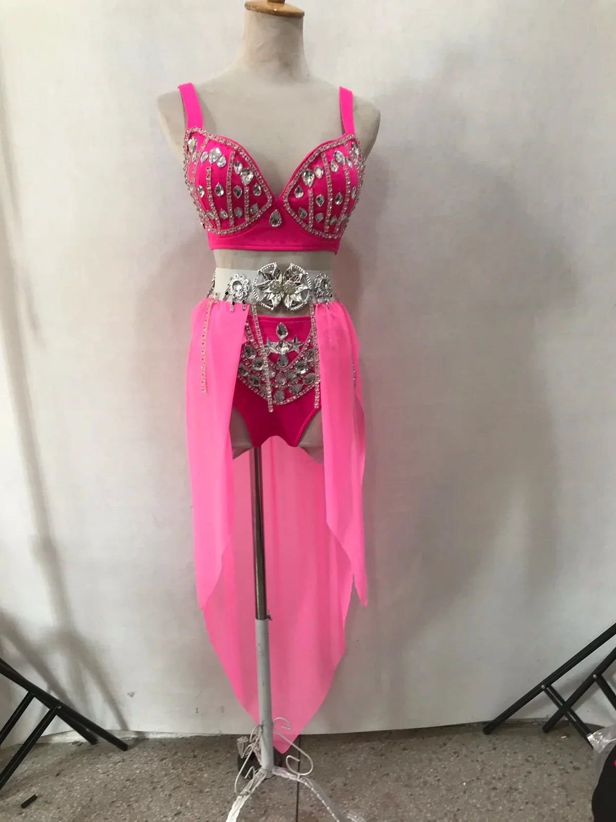 Women's Rhinestone Two-Piece Dance Costume | Stage Performance Top & Shorts