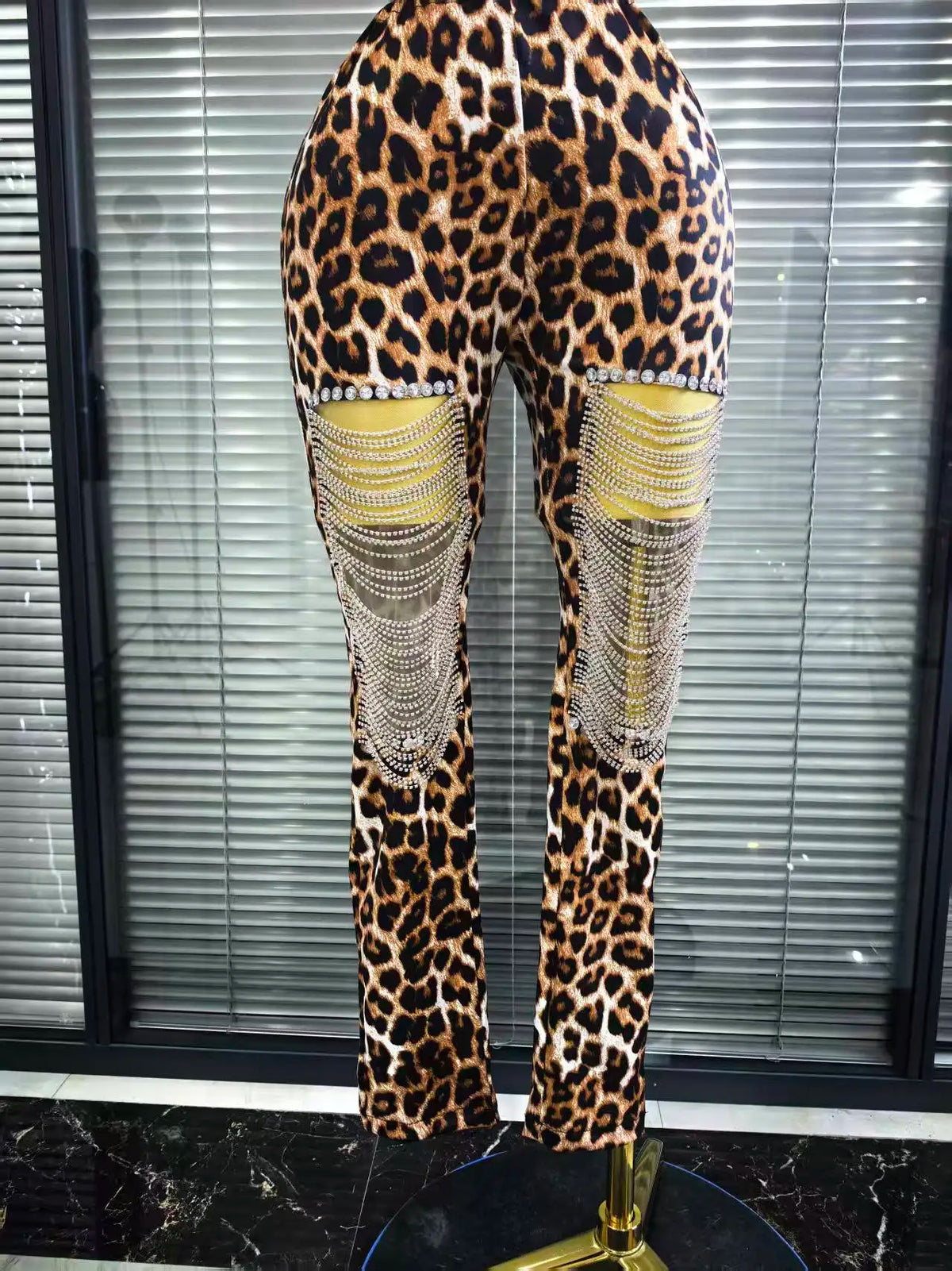 Women's Leopard Print Diamond Chain 2-Piece Bodycon Set | Slim Sequin Outfit for Nightclub & Stage