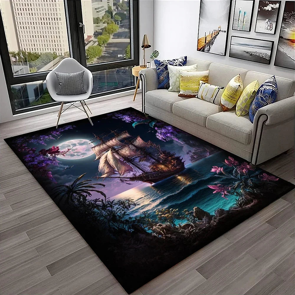 3D Pirate Ship Boat,Sailboat,Barque Carpet Rug for Home Living Room Bedroom Sofa Doormat Decor,kids Area Rug Non-slip Floor Mat