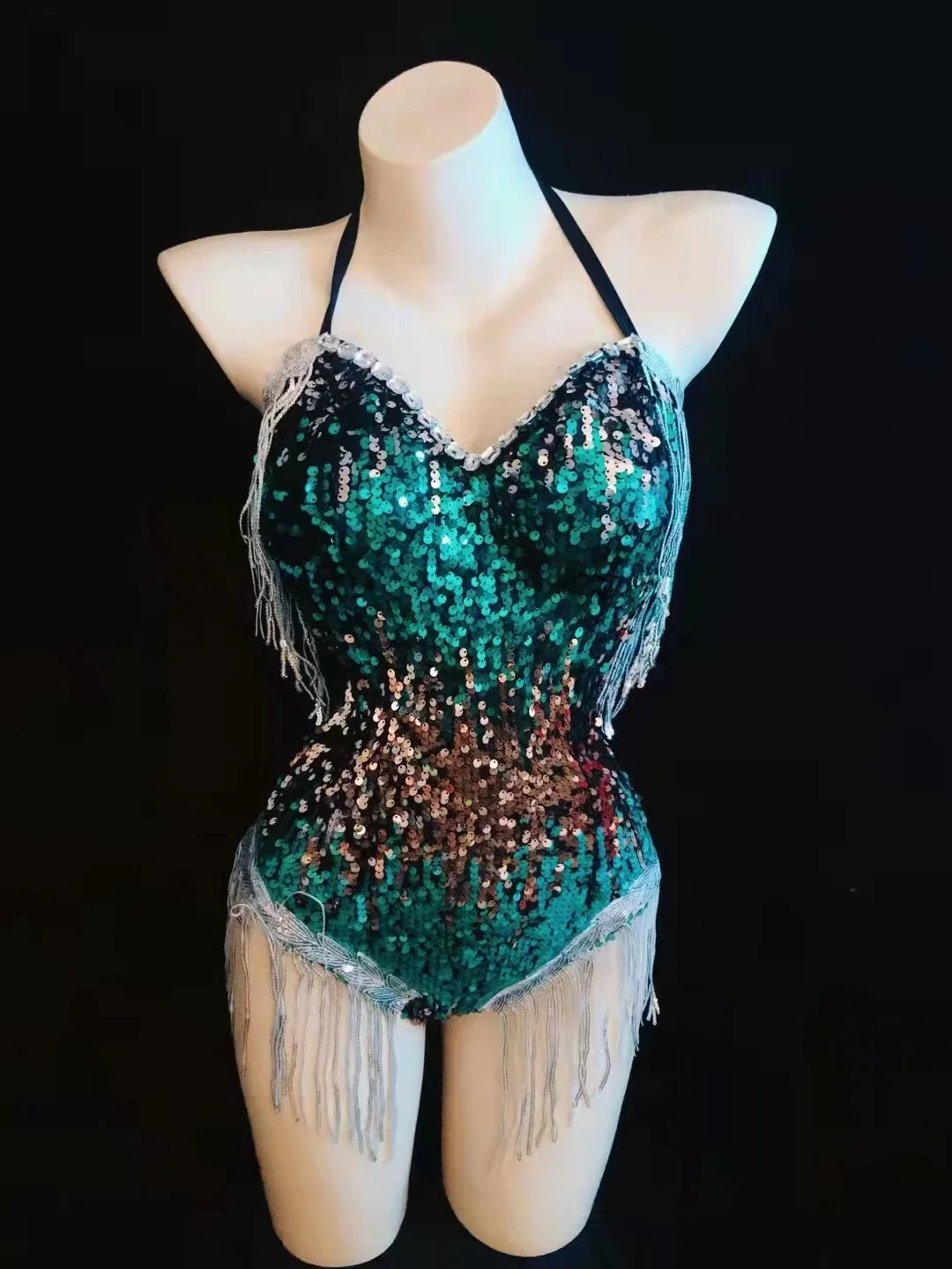 Sequin Fringe Halter Bodysuit – Sexy Hollow-Out Pole Dance & Rave Costume