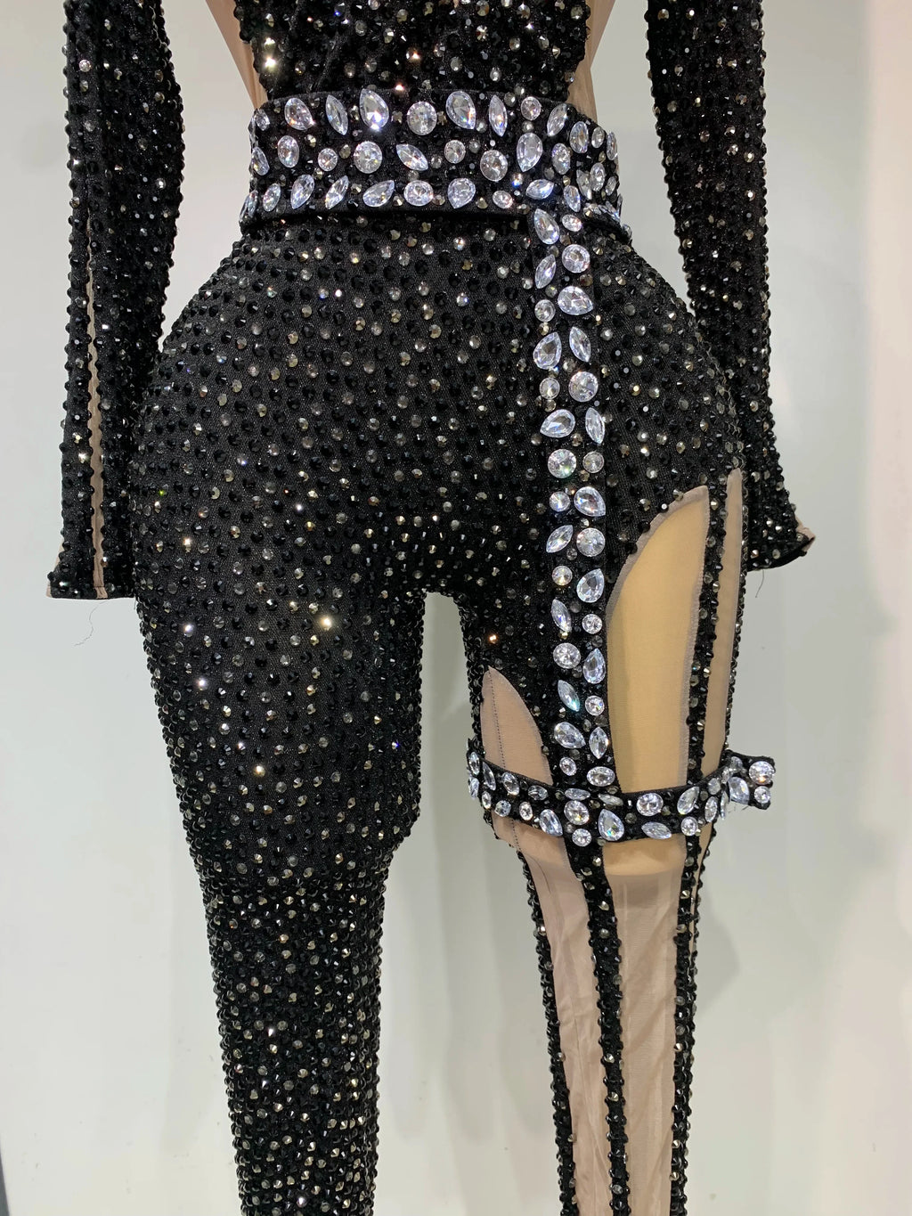 Sexy Sparkly Diamond Black Long Sleeves Bodycon Mesh Jumpsuit Evening Party Nightclub Bar Singer Performance Stage Costume
