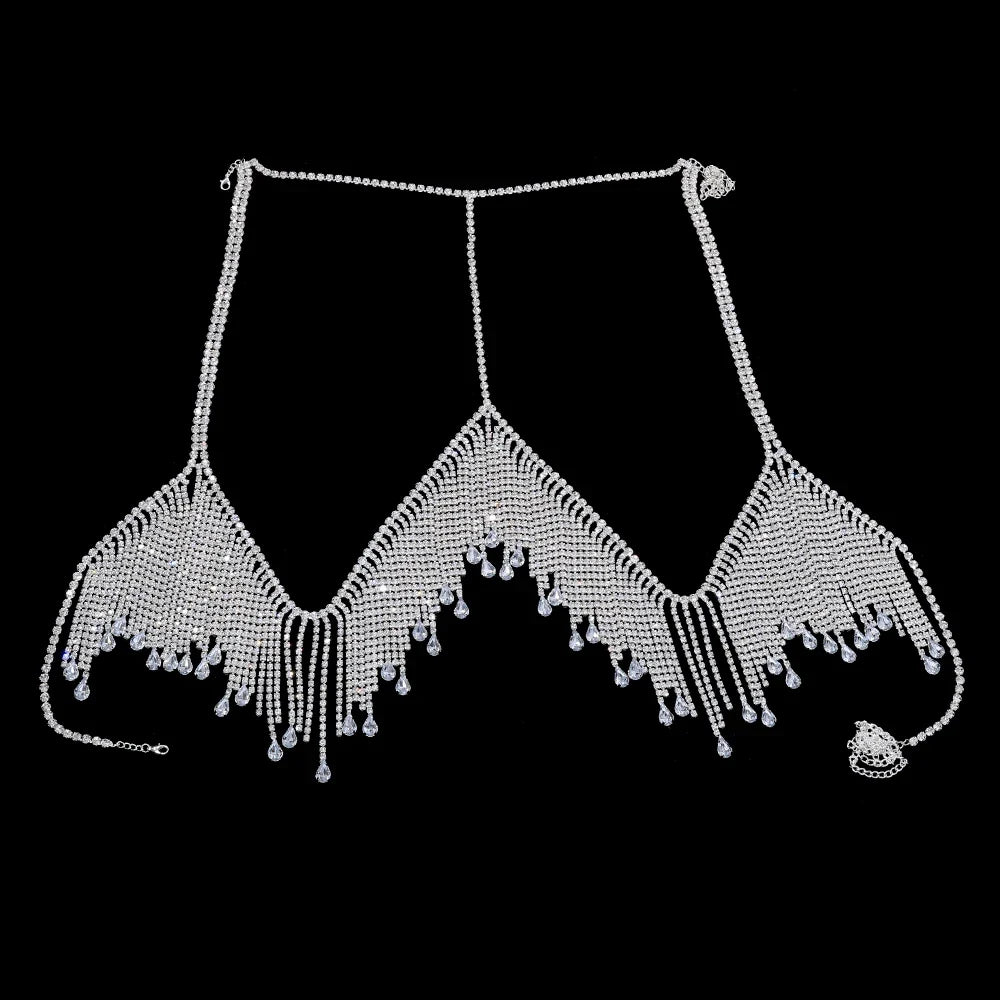 Rhinestone Tassel Bikini Chest Chain - Sexy Bohemian Beach Body Jewelry in Gold & Silver
