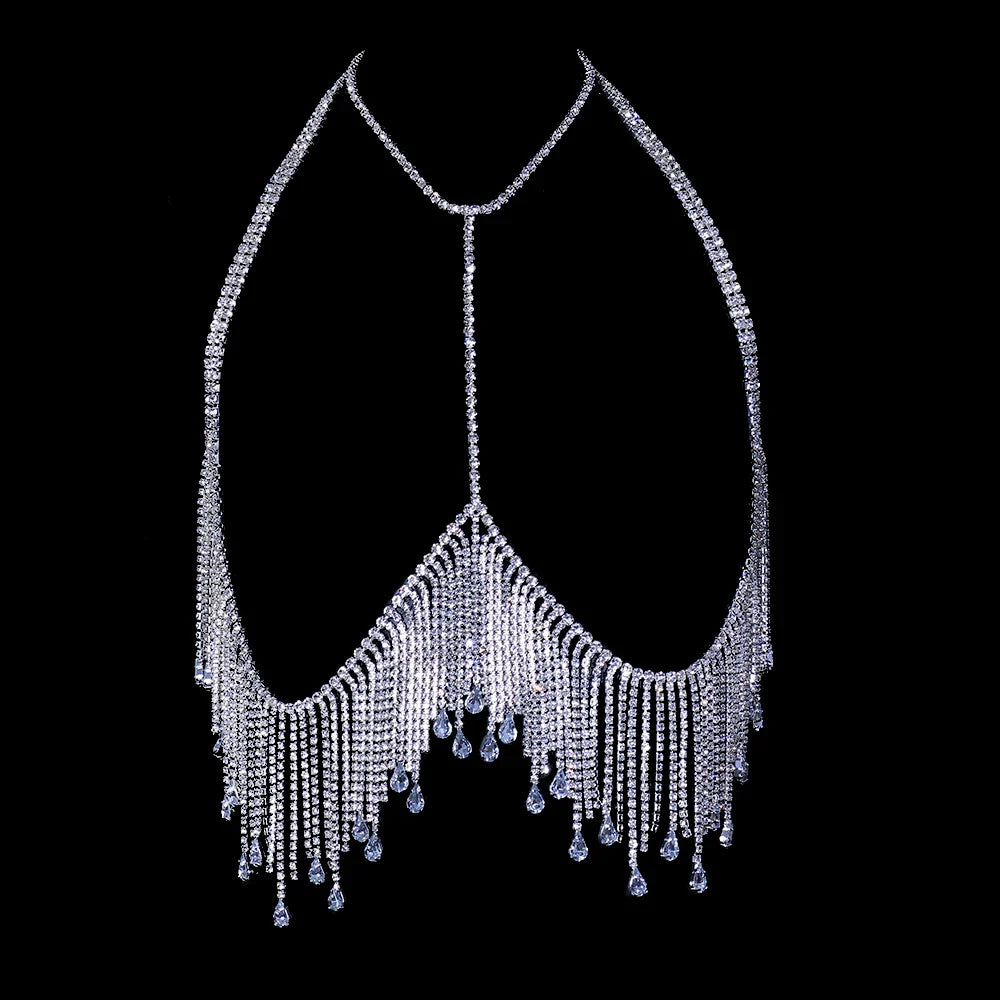 Rhinestone Tassel Bikini Chest Chain - Sexy Bohemian Beach Body Jewelry in Gold & Silver