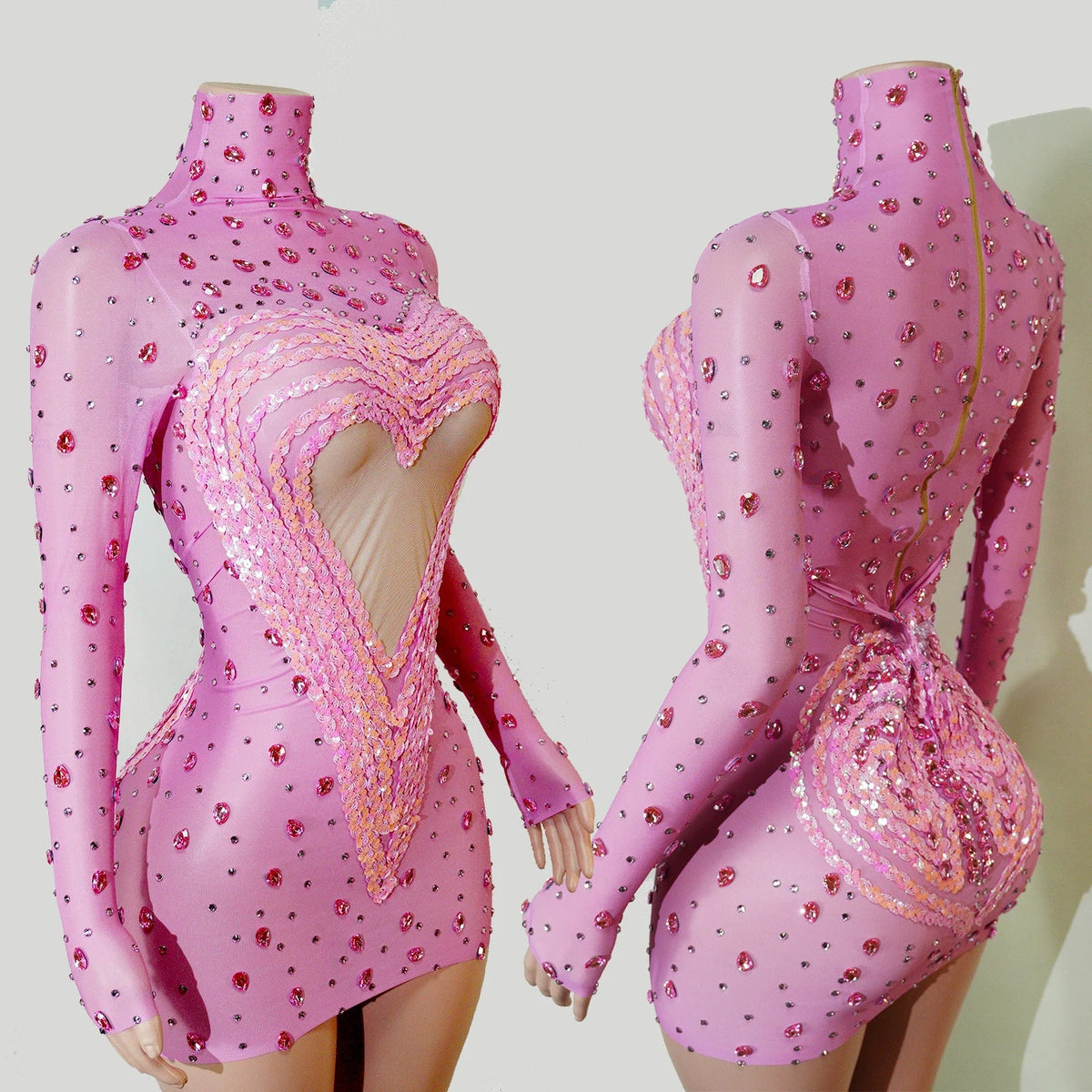 Crystal Rhinestone Mesh Long Sleeve Vintage Inspired Dress with Sequins and Skirt