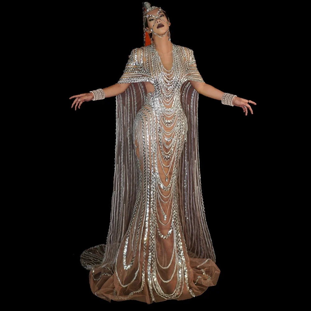 Women's Latin Dance Gown with Rhinestone Appliqué, Long Prom & Stage Dress