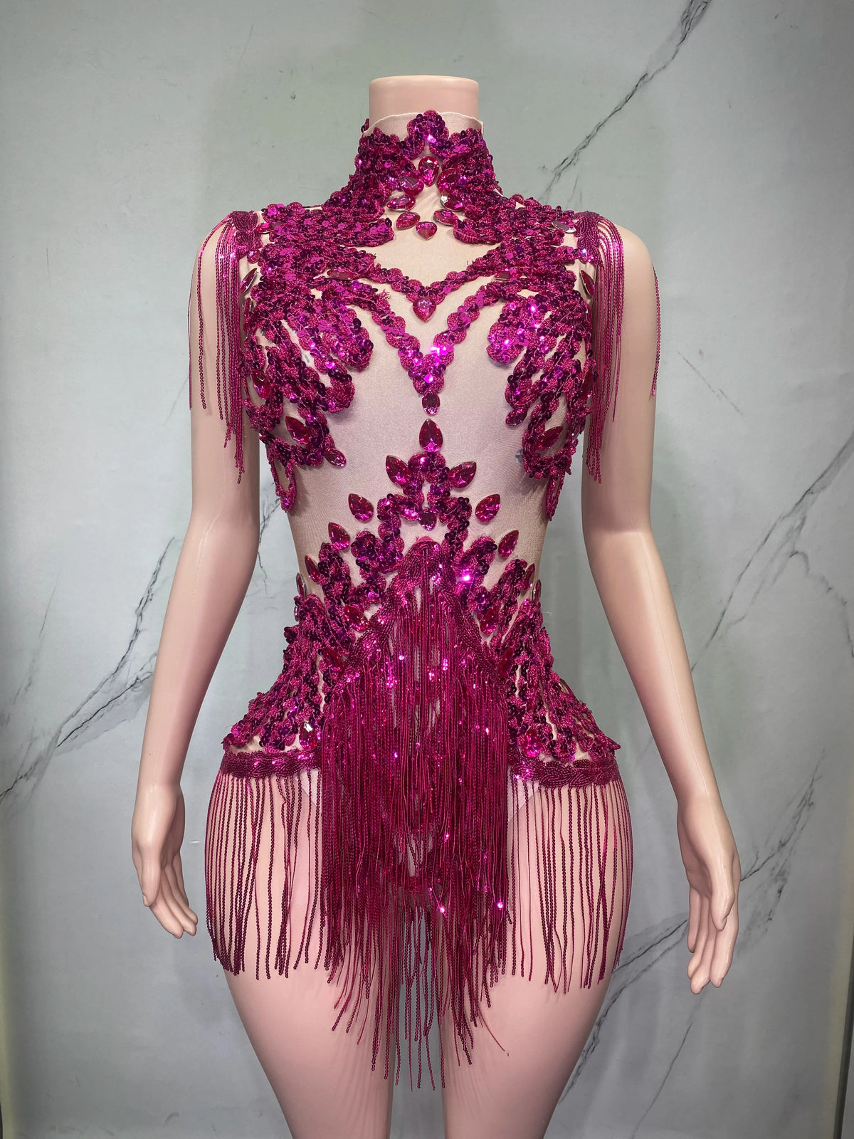 Sheer Mesh Rhinestone Performance Bodysuit for Women