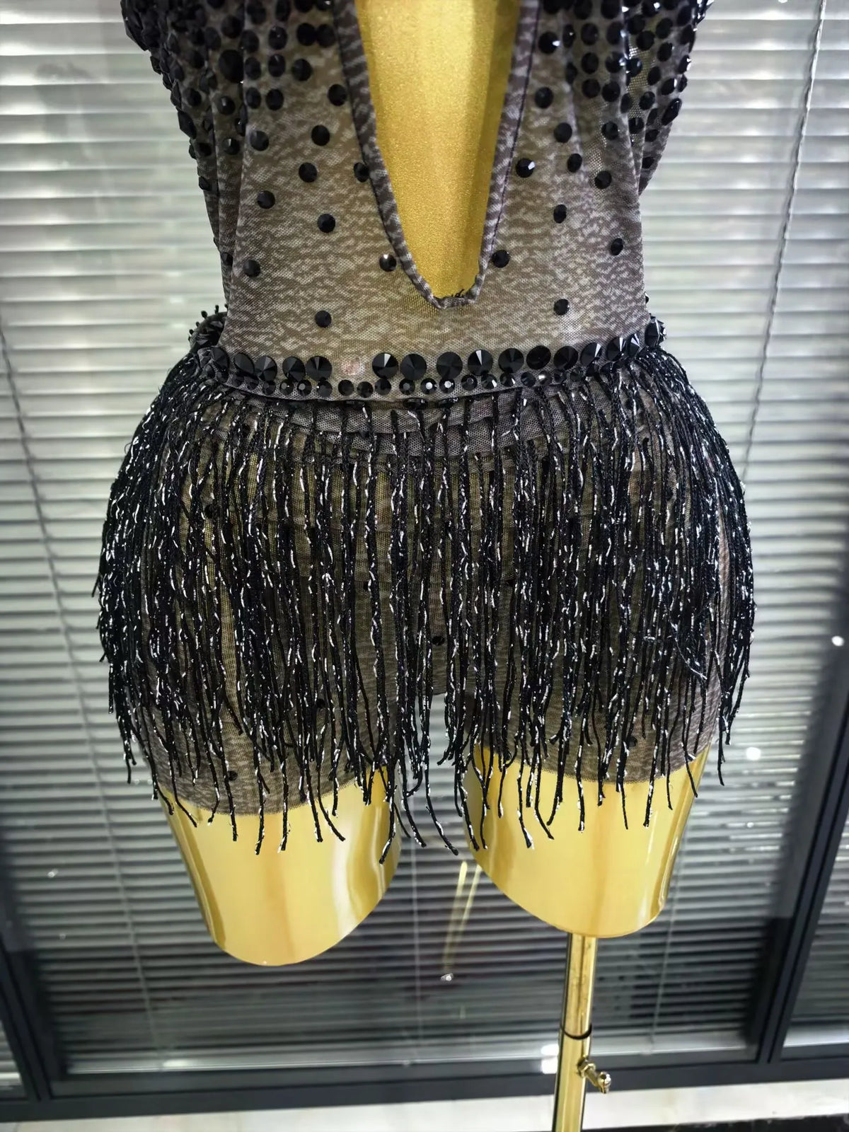 Women Sexy Mesh See Through Shining Sequins Tassels Bodycon Bodysuit Nightclub Party Celebrate Performance Costumes