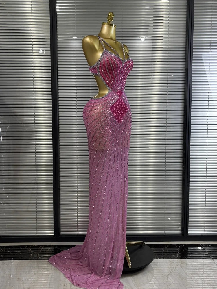 Pink Sleeveless V-Neck Rhinestone Bodycon Floor-Length Showgirl Stage Performance Dress