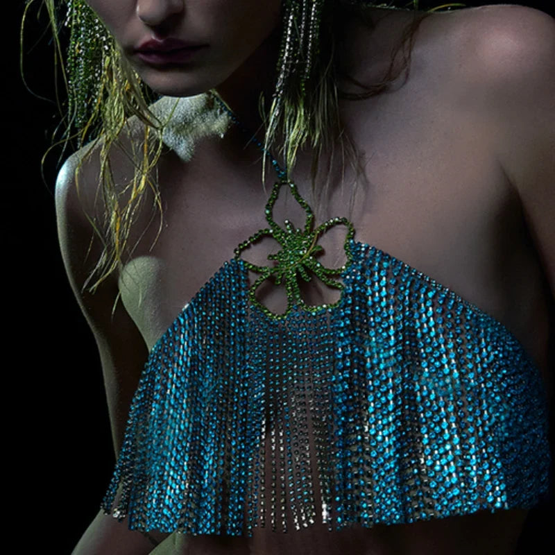 Rhinestone Tassel Flower Bralette Body Chain – Crystal Fringe Chest Harness Bra Chain in Gold or Silver