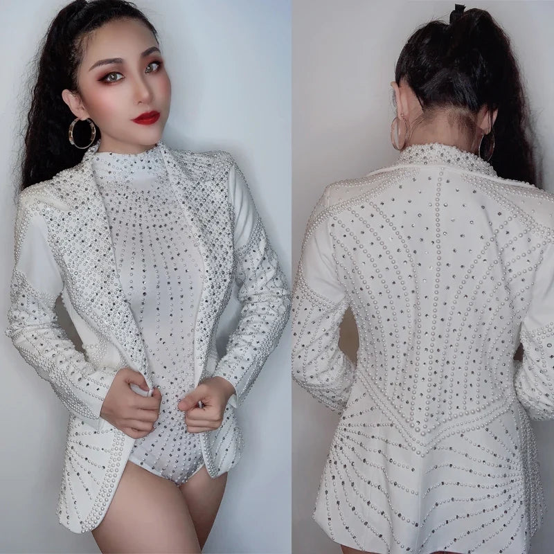 Rhinestone Bodysuit & Coat Set - Women's White Nightclub Dance Costume for Rave, Stage & Gogo Performance