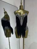 Women Black Bright Rhinestones Tassel Stretchy Mesh Thigh High Leotard Pole Dance Costumes Evening Party Club DJ Gogo Dress