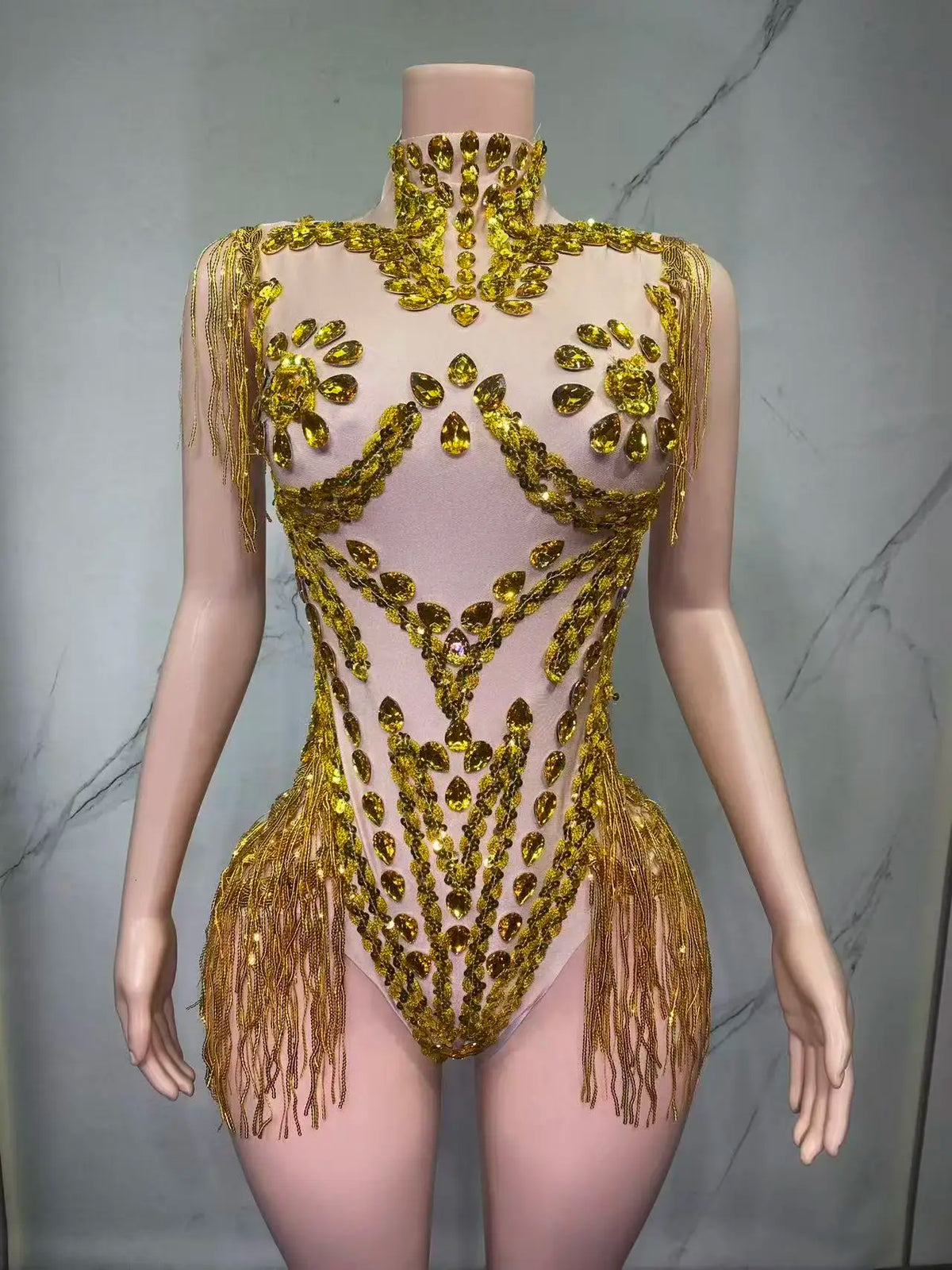Sheer Mesh Rhinestone Performance Bodysuit for Women