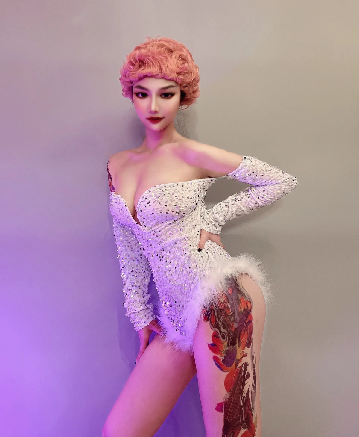 Sequin Feather Bodysuit Dress – High-Slit Gogo Dance & Nightclub Costume