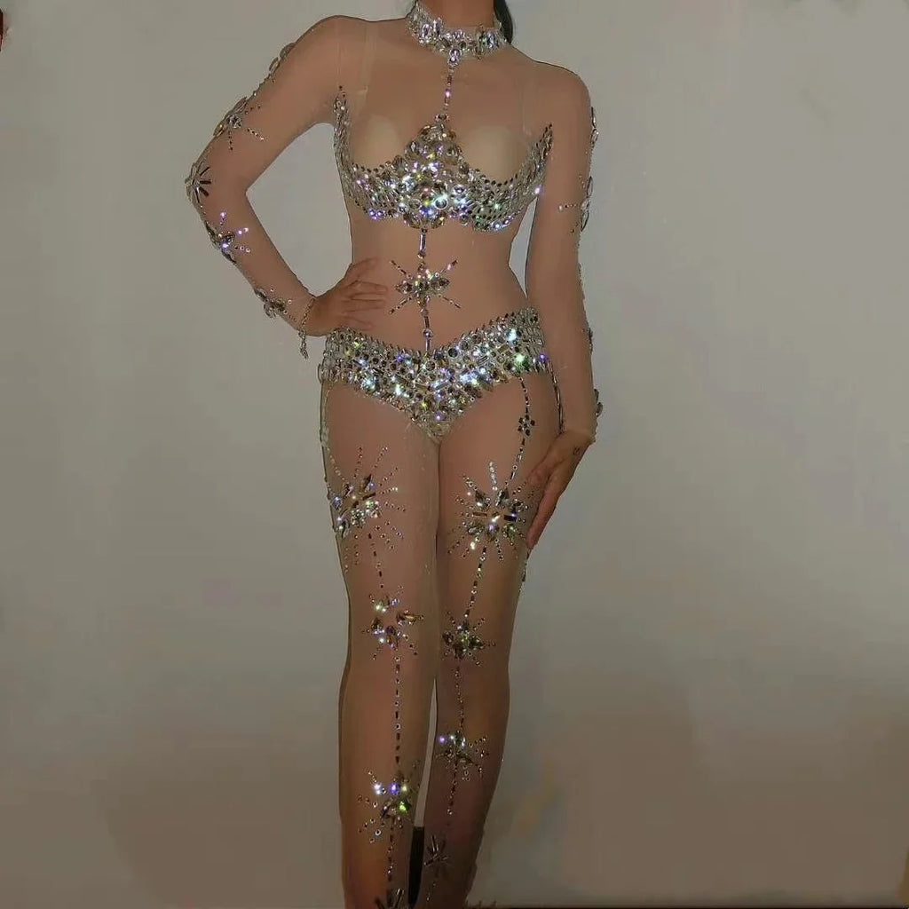 Crystal Rhinestone Sheer Jumpsuit – Stretch Sparkly Bodysuit for Stage, Dance, Drag & Party
