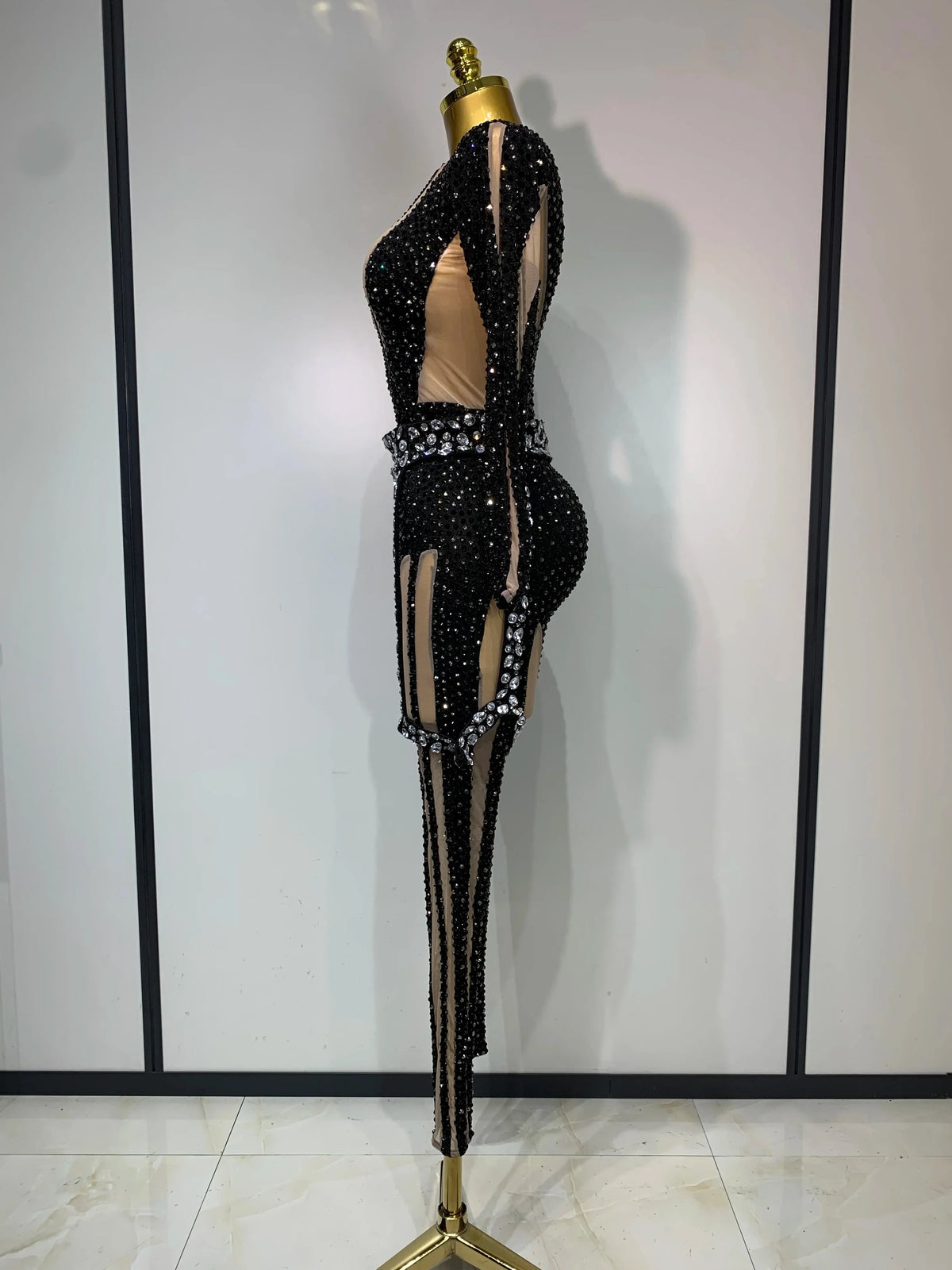 Sexy Sparkly Diamond Black Long Sleeves Bodycon Mesh Jumpsuit Evening Party Nightclub Bar Singer Performance Stage Costume