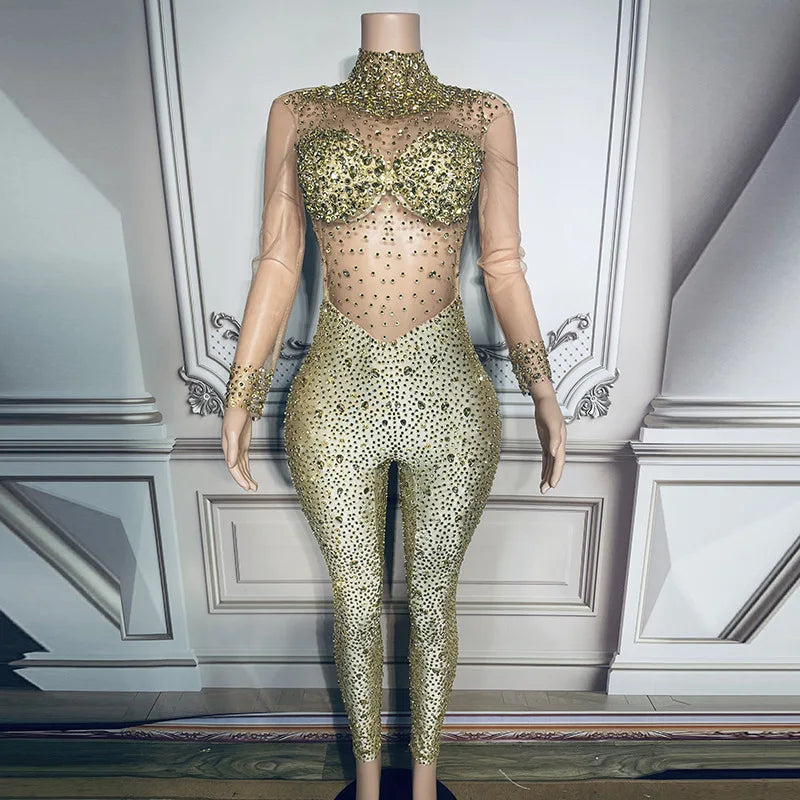 Women's Rhinestone Mesh Jumpsuit | Sheer Party & Stage Outfit